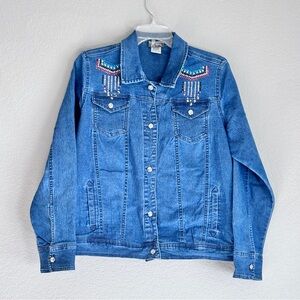 Distinct women’s tribal design embellished stretchy lightweight denim jacket L